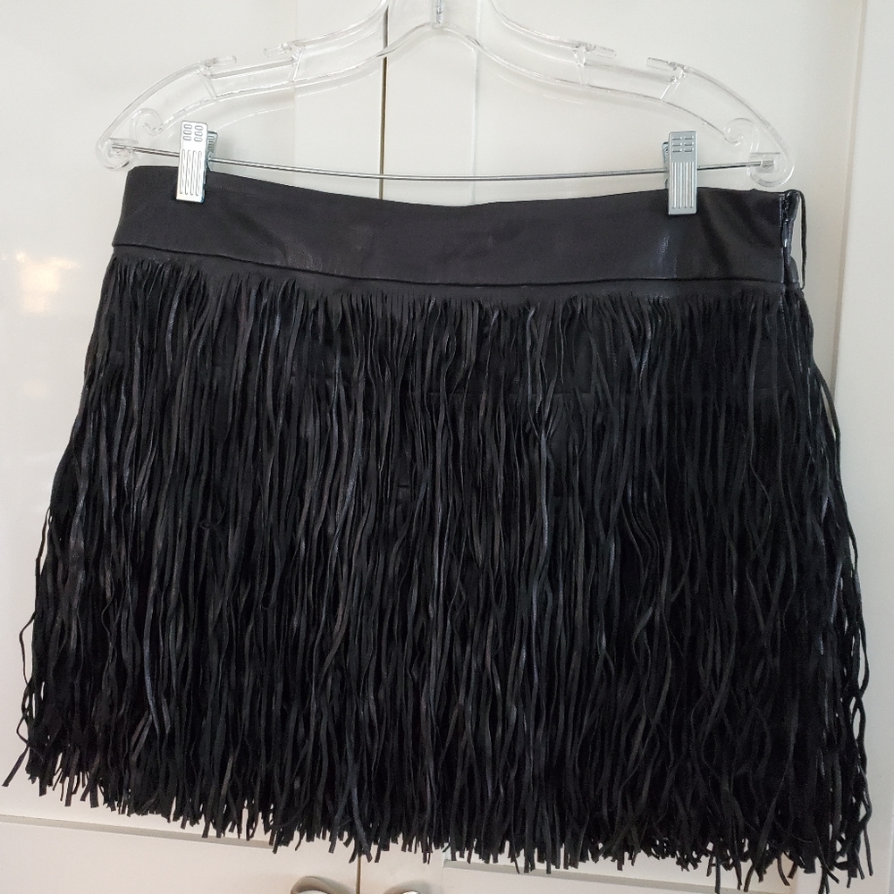 Ralph Lauren Black Leather Fringed Short Skirt